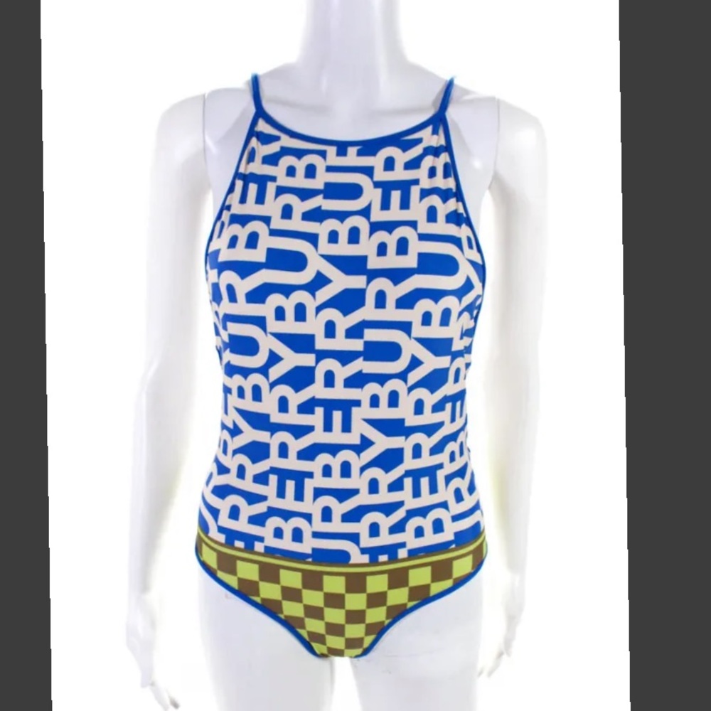 NEW Burberry Scoop Neck Spaghetti Straps Monogram Print Swim Wear Size small